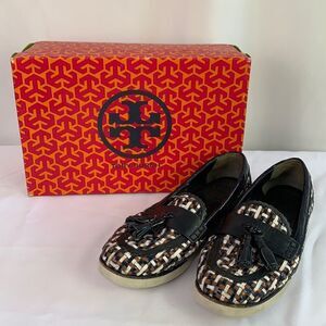 Tory Burch Brown White Black Woven Loafers Shoes